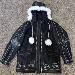 Ameri Mode Black Wolf Coat Women MED Faux Fur Hooded Embroidered Parka